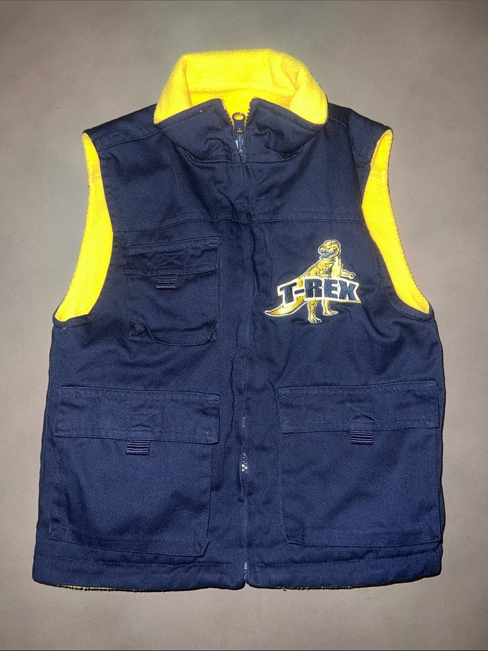VINTAGE 90s T-Rex Dinosaur Navy & Yellow Kids Fleece Lined Utility Vest